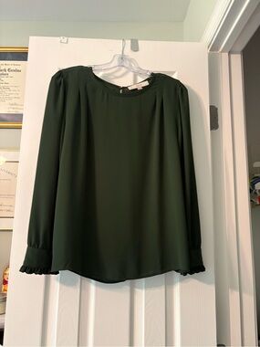 LOFT Dark Green Long-Sleeve Ruffle Cuff Blouse